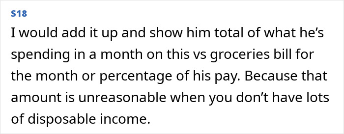 Text discussing husband's lunch and coffee spending compared to groceries.