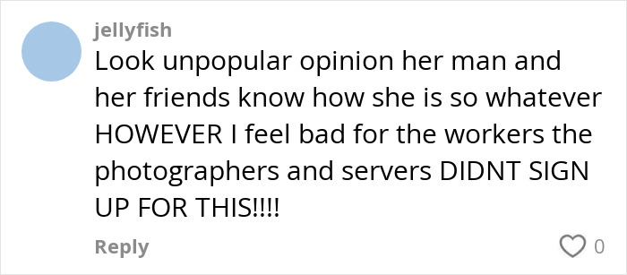 Comment about bride's behavior during wedding photoshoot, mentioning photographers and servers.