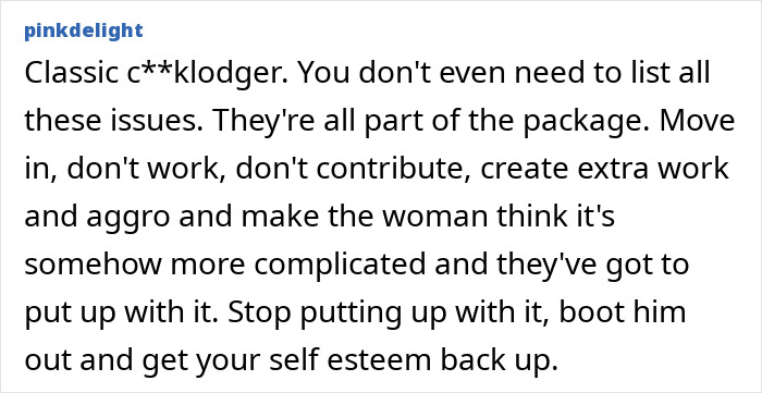 Text discussion about a lazy boyfriend lecturing a woman's son, suggesting it's time to leave.
