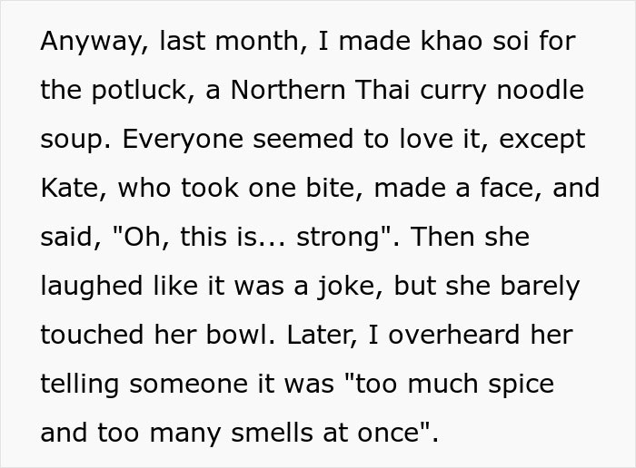 Text describing a coworker's reaction to Northern Thai curry noodle soup at a potluck. Text describing a coworker's reaction to Northern Thai curry noodle soup at a potluck.