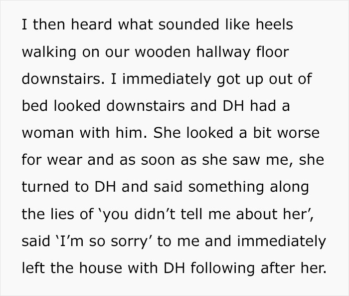 Text describing a shocking encounter, involving a separation and an unexpected guest in a shared home.