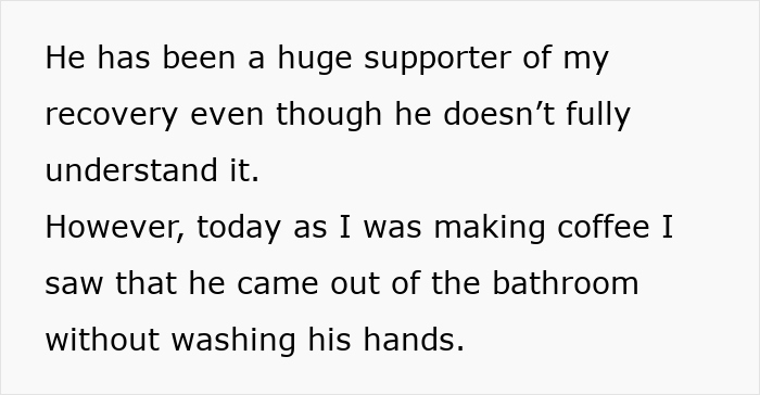 Text about a man not washing hands, causing distress to a woman with OCD.