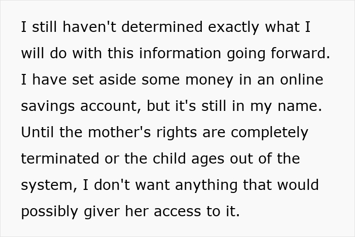 Text discussing setting aside money in an account, concerns about access related to a late husband's affair child.