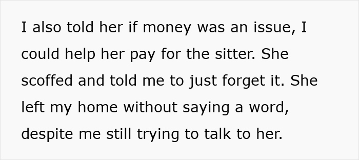 Text about offering financial help for a babysitter, mentioning a sister leaving without responding.