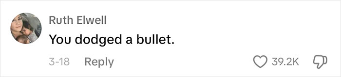 Comment saying "You dodged a bullet" relating to bridal party and bachelorette situation.