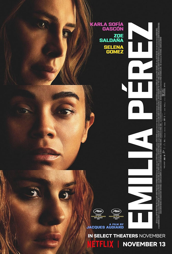 Movie poster for "Emilia P&eacute;rez" featuring Zoe Salda&ntilde;a, Karla Sof&iacute;a Gasc&oacute;n, and Selena Gomez.