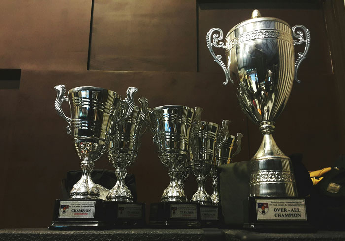 Several silver trophies displayed on a shelf, showcasing favorite places to hide things at home creatively.
