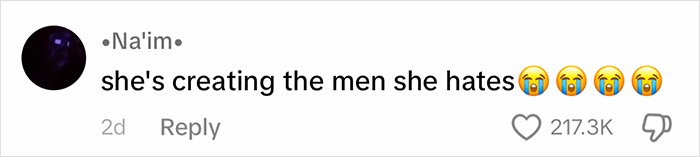 Comment on parenting, "She's creating the men she hates," with crying emojis, showing reactions supporting new guidance. Comment on parenting, "She's creating the men she hates," with crying emojis, showing reactions supporting new guidance.