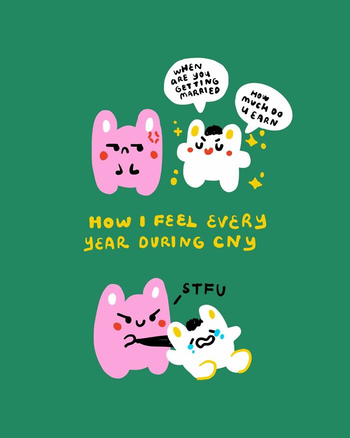 Cute characters in a relatable illustration about feeling during CNY, with humorous dialogue about marriage and earnings.