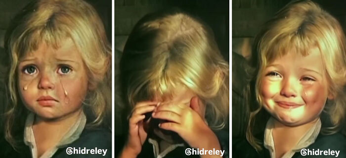 Three images of Bragolin’s crying children showing tearful, hidden face, and smiling with AI-enhanced expressions.