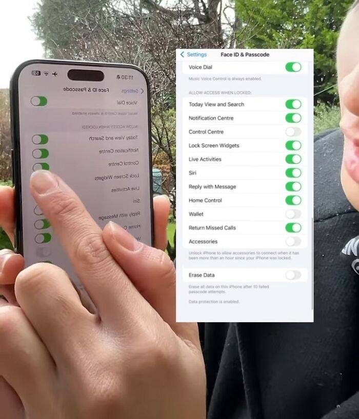Person adjusting phone settings outdoors, focusing on Face ID & Passcode options amid discussions on sudden dizziness awareness.