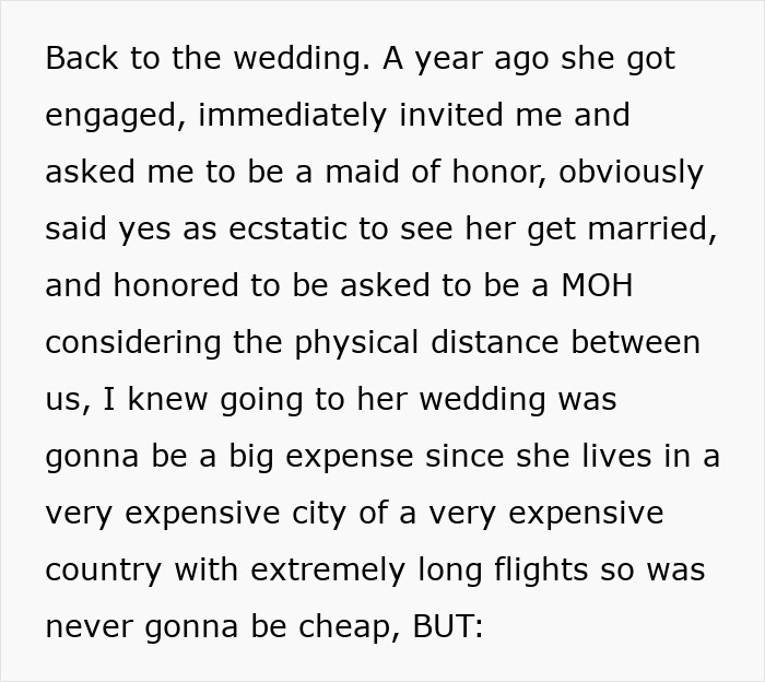 Text discussing the maid of honor's dilemma about attending a distant, costly wedding. Text discussing the maid of honor's dilemma about attending a distant, costly wedding.