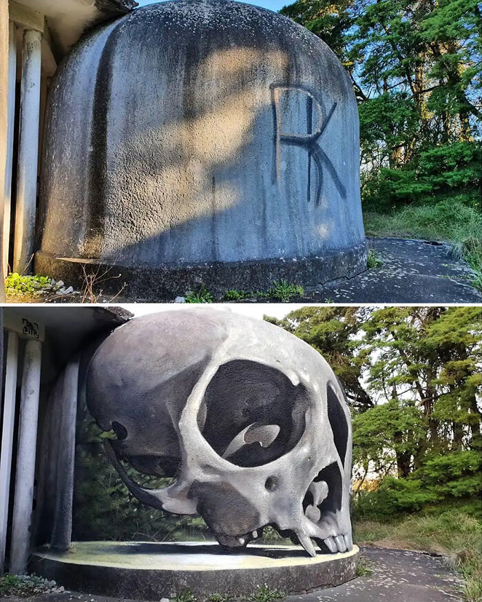3D street art of a skull painted on a building, showcasing mind-bending transformation.