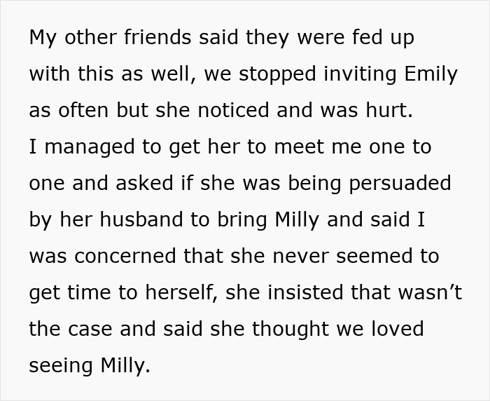 Text about a woman excluded from a friend group for bringing her child to a spa day where kids aren't allowed.