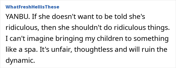 Comment discussing a woman excluded from group for bringing her child to an adult-only spa day.