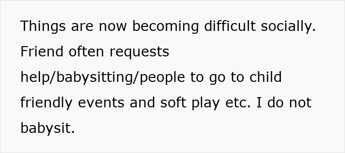 Text discussing challenges in a childfree friend group dynamic related to babysitting requests and child-friendly events.