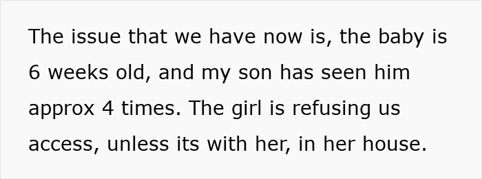 Text excerpt discussing family access issues with a 6-week-old baby, raising concerns. Text excerpt discussing family access issues with a 6-week-old baby, raising concerns.
