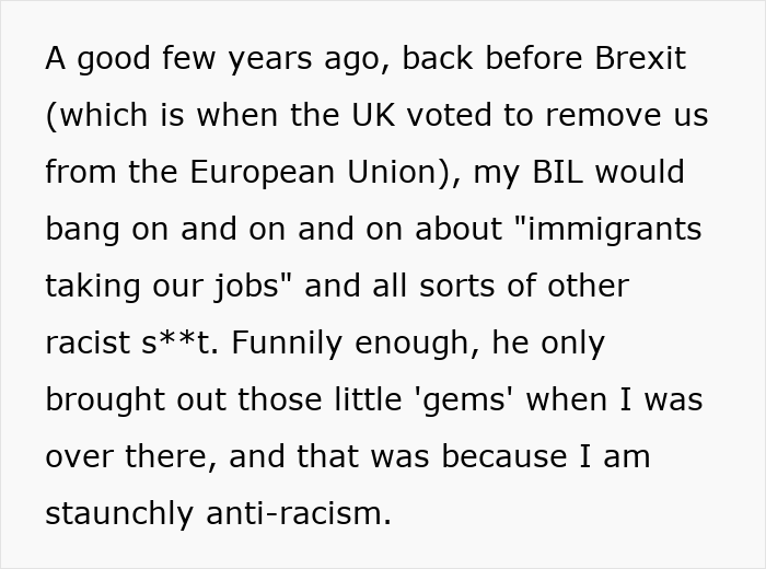 Text describing a woman's BIL's anti-immigrant views before Brexit, highlighting her anti-racism stance.
