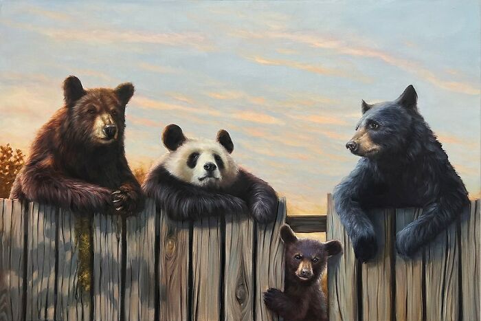 Anthropomorphic animals, including a panda and bears, leaning on a wooden fence, painted by Richard Ahnert.