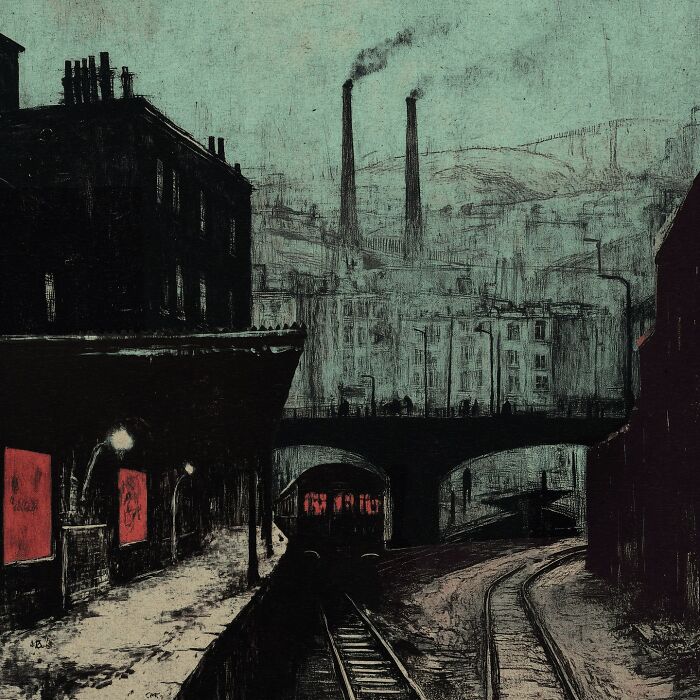 Eerie scenery depicting industrial decay with smokestacks and a train in a working-class town setting.