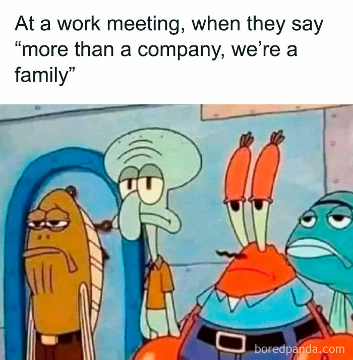 Characters looking unamused in a job meme about work meetings claiming "more than a company, we’re a family."