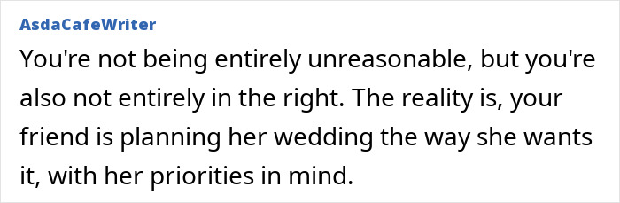 Text message about friend’s wedding priorities, discussing reasonableness and red flags. Text message about friend’s wedding priorities, discussing reasonableness and red flags.