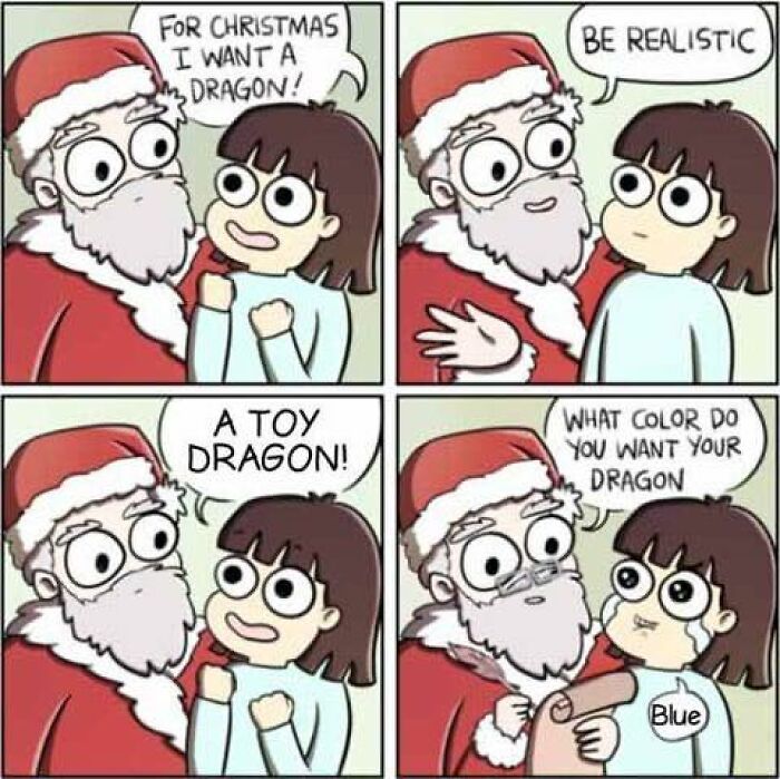Santa and child discuss realistic toy dragon wish, child's reply is "blue." Literal meme humor.