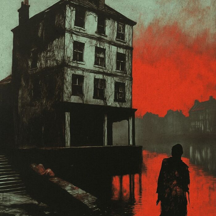 Eerie scenery painting with industrial decay, featuring a silhouetted figure and an abandoned building against a red sky.