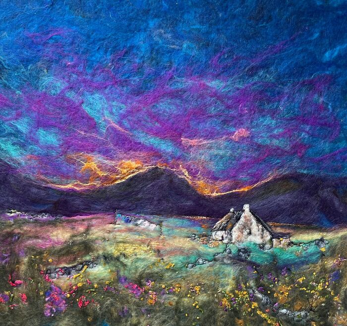 Fiber artwork of a vibrant landscape with a cottage by Moy Mackay, showcasing beautiful scenery.