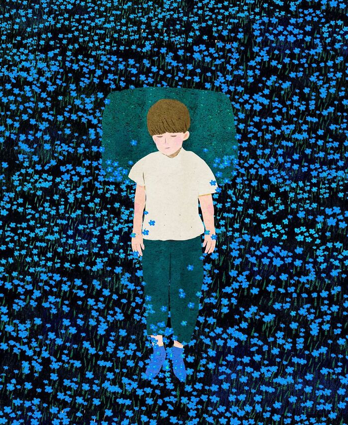 Illustration of a solitary child lying in a field of blue flowers, evoking a sense of serene solitude.