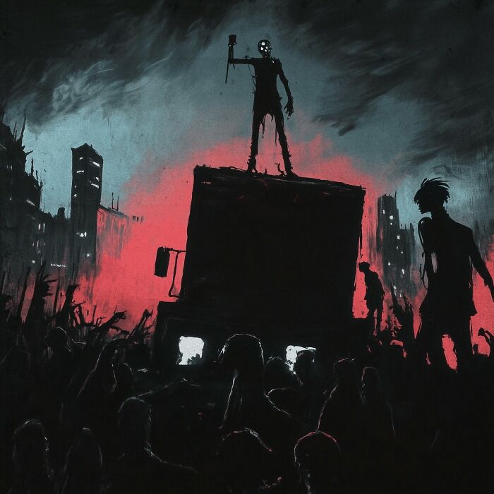 Eerie scenery painting depicting industrial decay with shadowy figures against a red and dark urban backdrop.