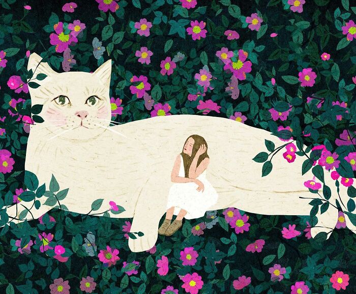 Serene illustration of a girl and a large white cat surrounded by flowers, evoking solitude.