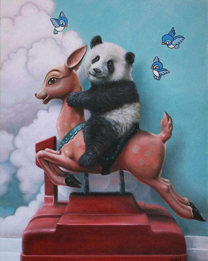 Anthropomorphic artwork by Richard Ahnert: a panda on a deer ride with bluebirds and clouds.