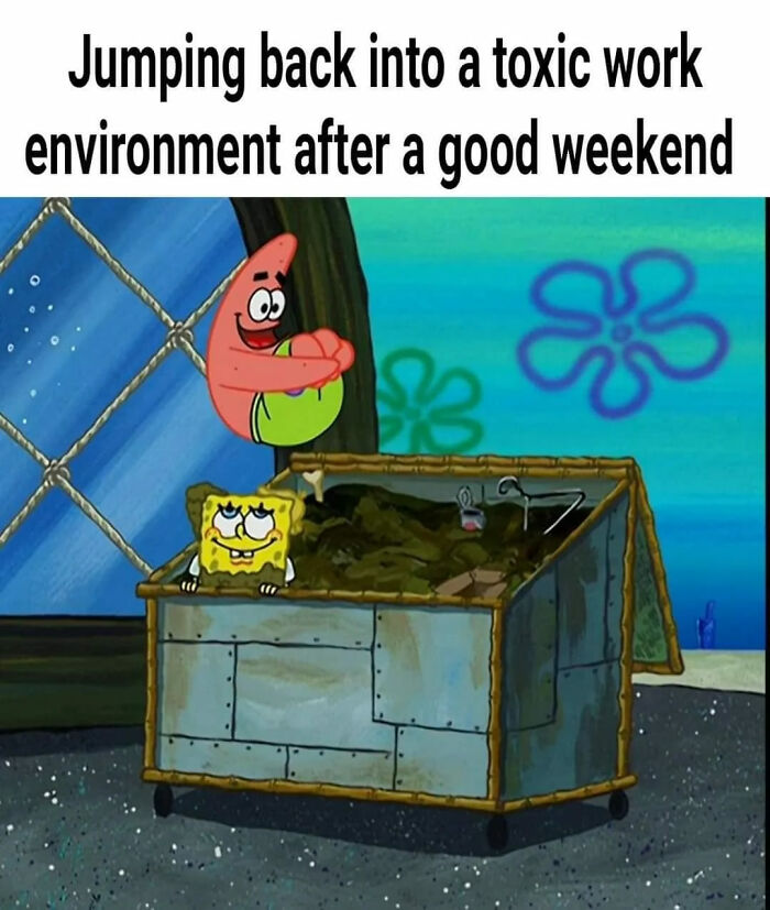 Patrick and SpongeBob in a humorous scene referencing toxic work environments, evoking nostalgia about old cartoons.