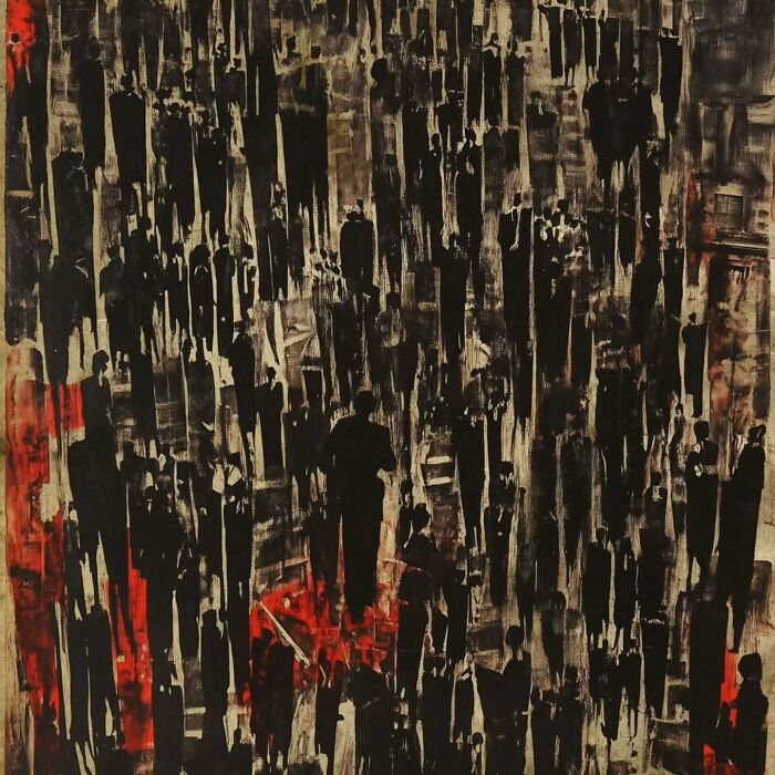 Eerie scenery painting with silhouettes, inspired by industrial decay and working-class towns.