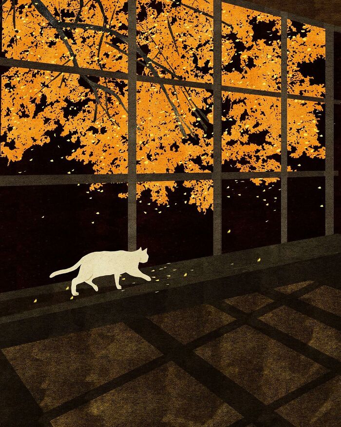 Serene illustration by Vietnamese artist, featuring a cat walking past a window with golden autumn leaves.