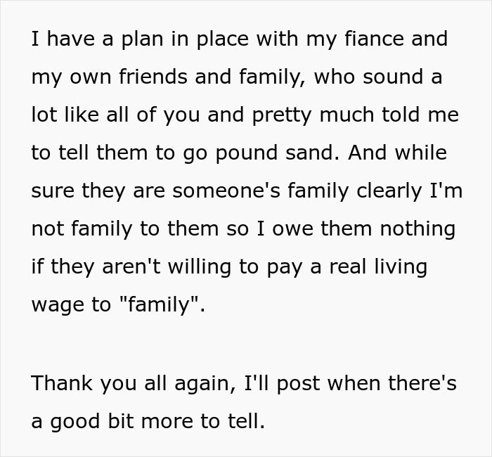Text message about family and babysitting pay issues, emphasizing the importance of fair wages over familial obligation.