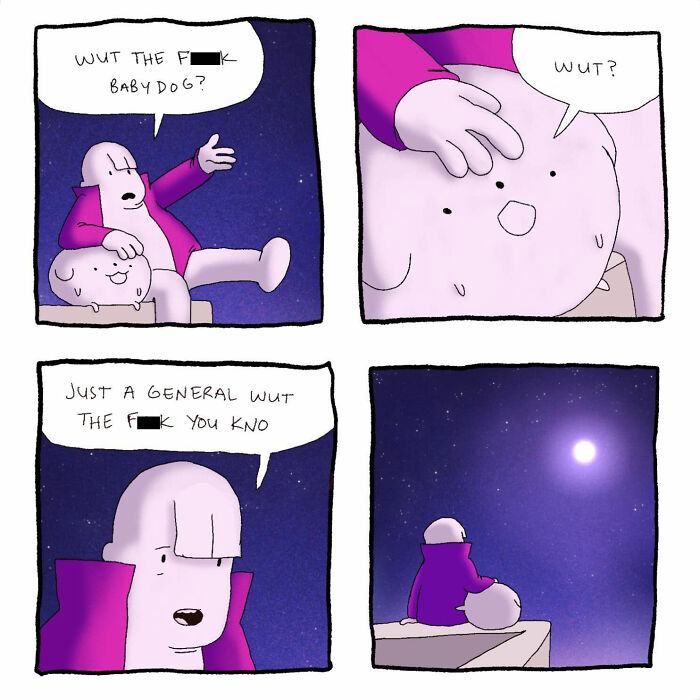 Absurd situation comic by Josh Engel featuring a character and a baby dog expressing confused emotions under a night sky.