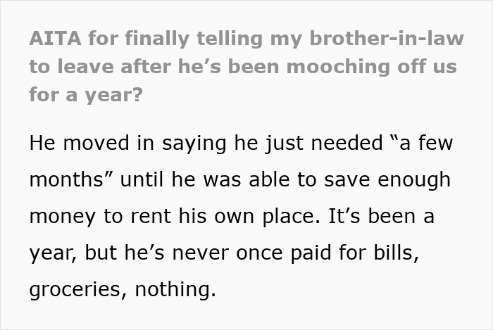 Text discussing brother-in-law mooching, never paying for bills or groceries, and overstaying intended short-term stay.