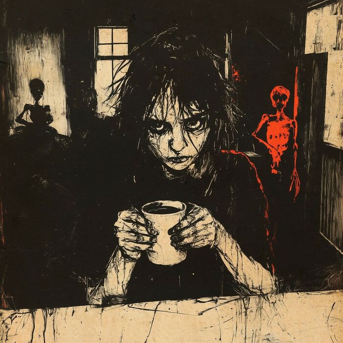 Painting of eerie scenery with a haunting figure holding a mug, inspired by industrial decay and folklore.