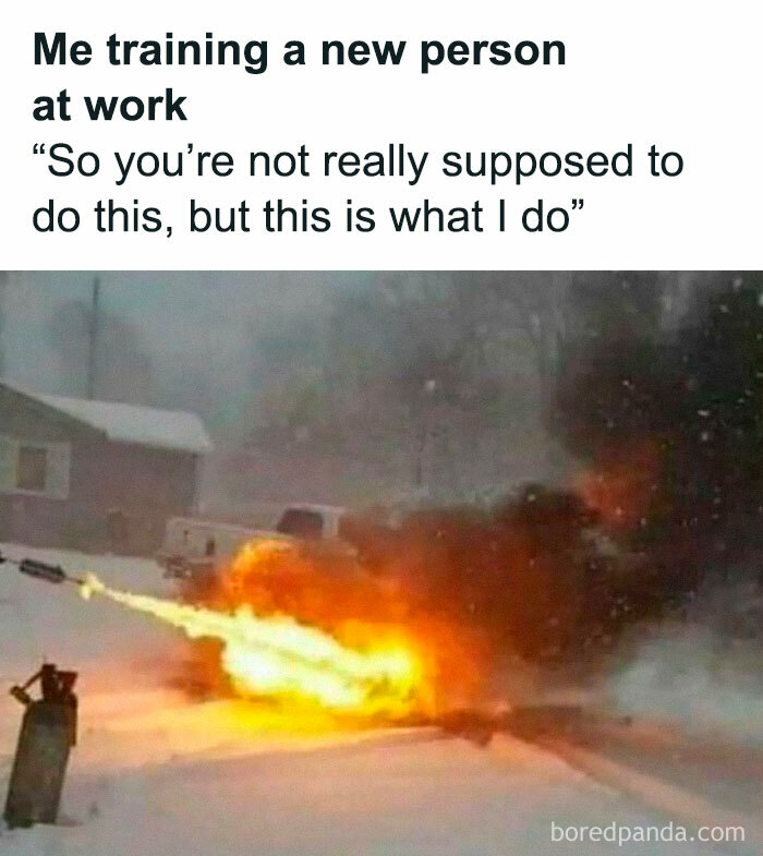 Snowy scene with a burst of flames, humorously depicting chaotic job training relating to work memes.