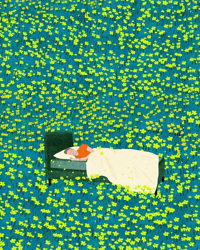 Vietnamese artist's serene illustration of a person sleeping in a field of yellow flowers, evoking solitude.