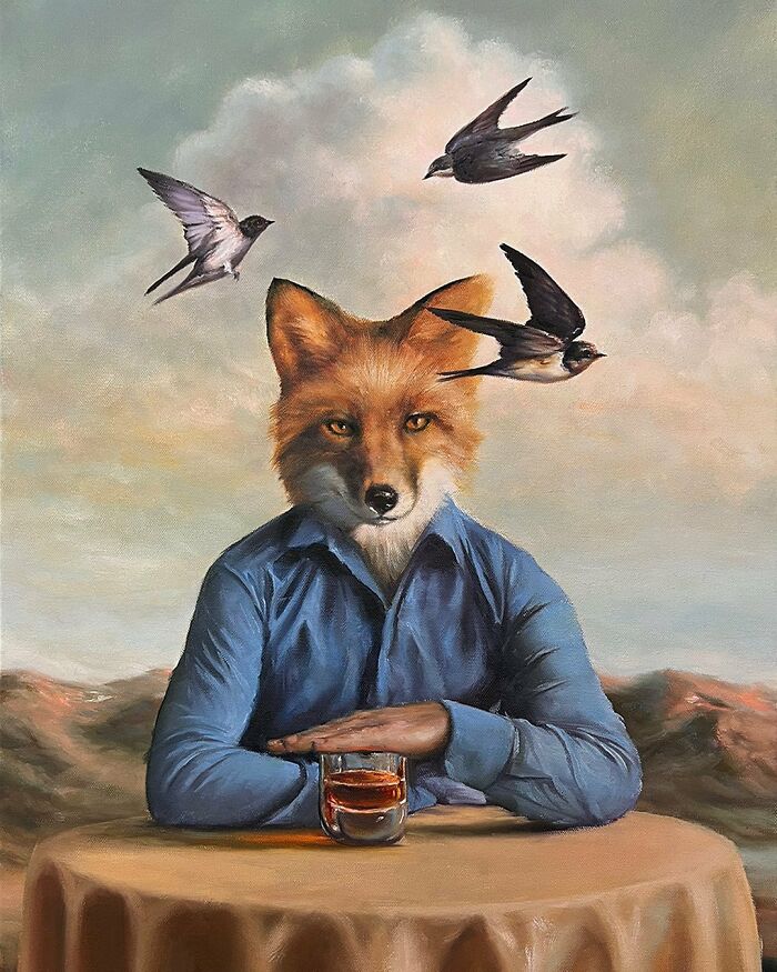 Anthropomorphic artwork of a fox in a blue shirt seated with birds flying above, by Richard Ahnert.