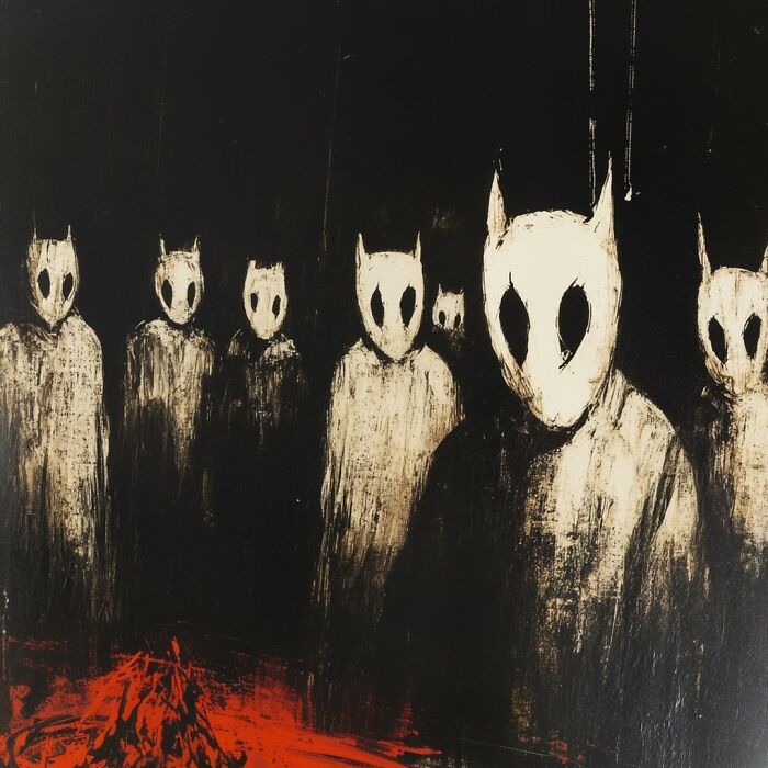 Eerie painting of ghostly figures with animal-like masks inspired by industrial decay and folklore.