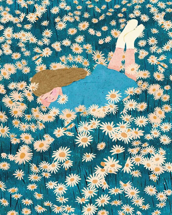 Vietnamese artist's serene illustration of a girl lying in a field of daisies, evoking solitude and peace.