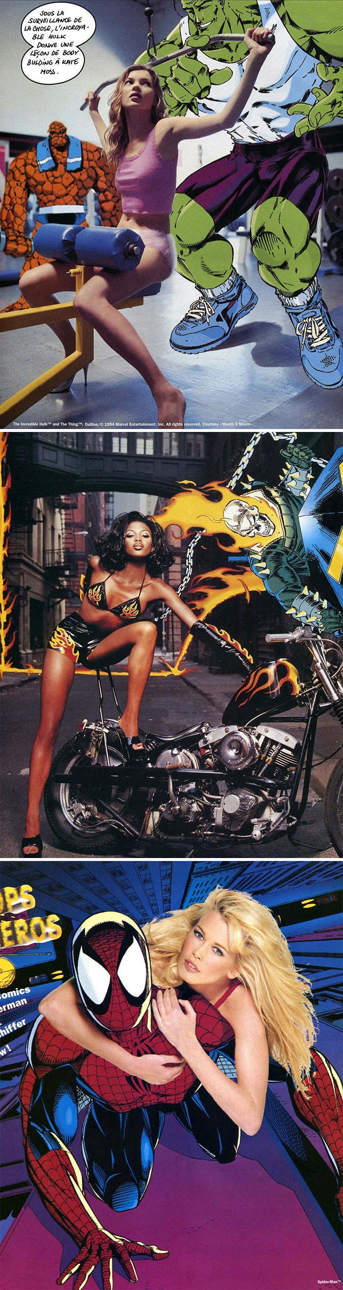 '90s moments: collage of women posing with comic superheroes like Hulk and Spider-Man in stylized illustrations.