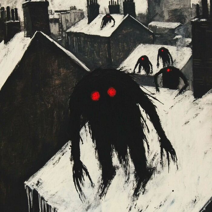 Eerie scenery depicting shadowy figures with red eyes in a snowy, industrial town setting.