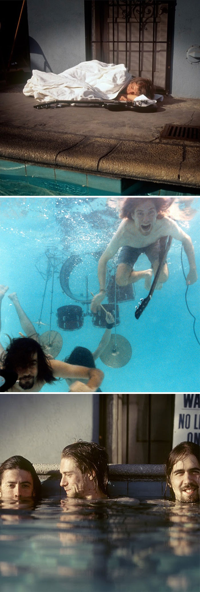 Musicians in the '90s enjoying playful moments underwater and poolside, capturing wild and wholesome vibes.