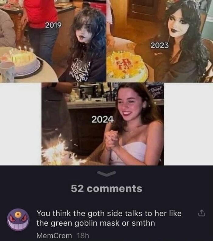 Funny meme showing transformation over three years with humorous comment below.