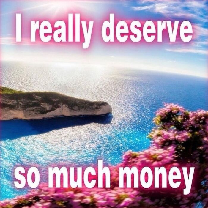 Funny meme with text "I really deserve so much money" over scenic ocean view and flowers.